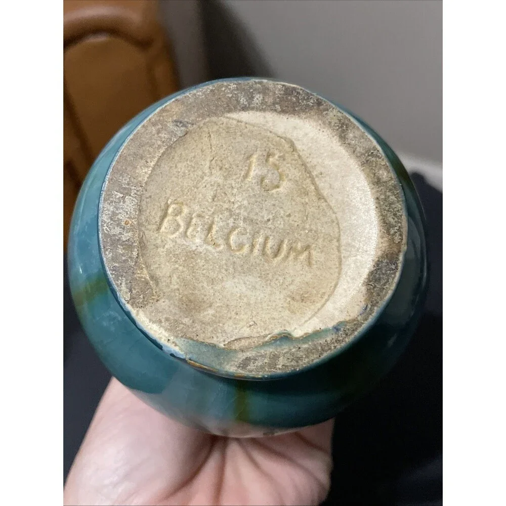 Belgium Made Drip Glaze Art Pottery Thin Bud Vase Hand Made Mid-Century